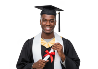 Young african american man wearing graduation cap gown holding diploma with red ribbon isolated on transparent background