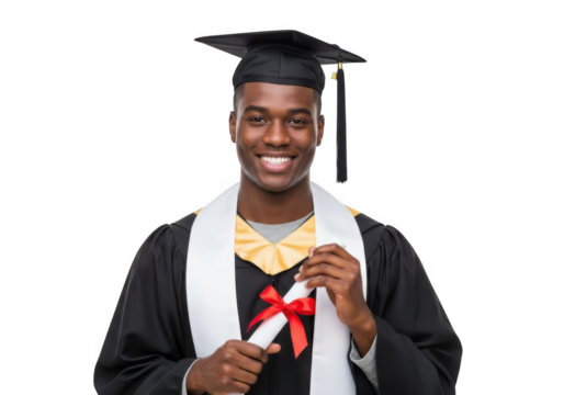 Young african american man wearing graduation cap gown holding diploma with red ribbon isolated on transparent background - Powered by Adobe