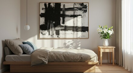 Modern Minimalist Bedroom with Abstract Black and White Artwork and Natural Light