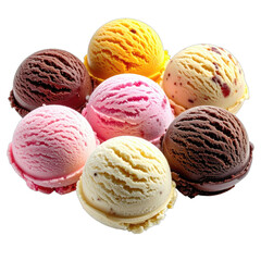 A vibrant arrangement of seven scoops of multicolored ice cream against a dark background.