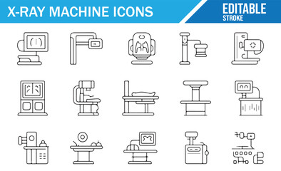 Medical diagnostic x-ray devices linear icons, radiology vector pack