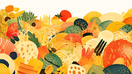 Colorful flat illustration of a vibrant assortment of fresh vegetables and fruits, showcasing a variety of textures and shapes, ideal for healthy eating concepts and culinary themes
