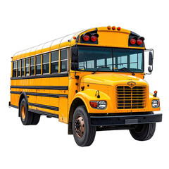 A classic bright yellow American school bus isolated on a black background.