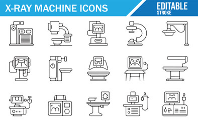 Diagnostic radiology equipment thin line icons, x-ray machine vector set