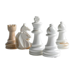 A close-up still life featuring a collection of white chess pieces against a deep black background.