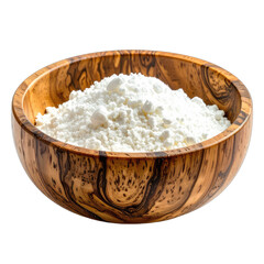 A close-up of white powder in a richly grained wooden bowl against a black background.