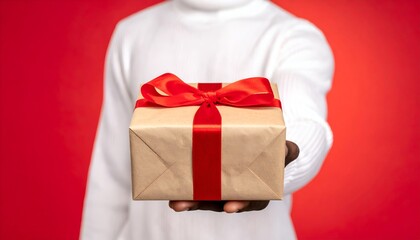 Person Holding Wrapped Christmas Gift Box on Red Background