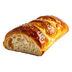 A close-up shot of a golden brown, seeded, sliced croissant loaf against a black background.