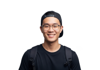 Young asian man wearing glasses and a black baseball cap smiling happily with a backpack isolated on transparent background
