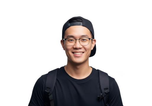 Young asian man wearing glasses and a black baseball cap smiling happily with a backpack isolated on transparent background - Powered by Adobe
