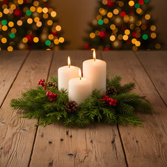 Lit Christmas Candles Evergreen Wreath Bokeh