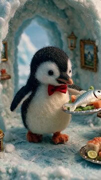 Adorable Penguin Waiter Serving Fresh Fish in an Icy Igloo Restaurant.