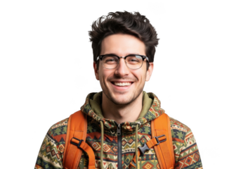 Young man wearing glasses and a colorful hoodie with an orange backpack smiling happily isolated on transparent background