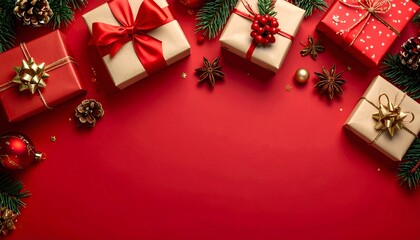Christmas Decorations and Gift Boxes Arranged on Holiday Background