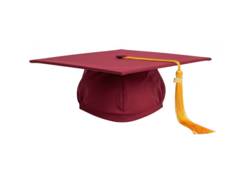 A maroon graduation cap with a gold tassel is presented from a side angle showcasing its academic significance isolated on transparent background