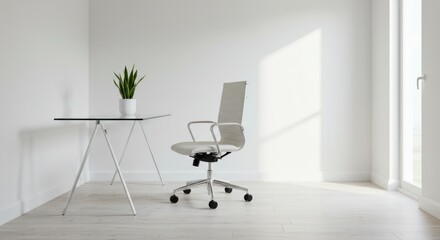 Modern Minimalist Office Space with White Desk and Ergonomic Chair in Bright Natural Light