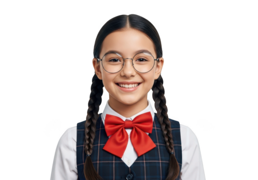 Young asian girl wearing glasses and a red bow tie with braided hair smiling joyfully isolated on transparent background - Powered by Adobe