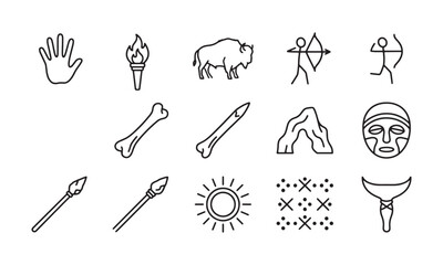 Vector icons depicting prehistoric life, ancient tools, and early human civilization