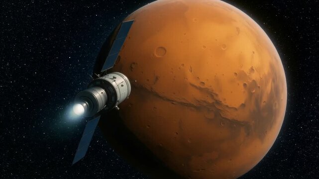 Space probe with solar panels approaching rust-colored planet Mars in starfield. Camera panning across spacecraft and planetary surface with craters visible.