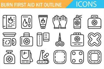 Medical burn and first aid thin line icons, emergency treatment design elements