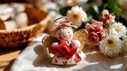 Naklejka premium Adorable Angel Doll Holding Heart with Flowers: Whimsical Decor for Home and Gifting