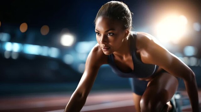 Photorealistic female sprinter, launching from blocks, power focus stadium, track summer sport, speed energy control, elite sprinting performance, athletic excellence display, face