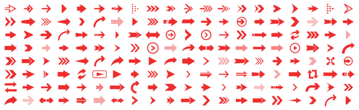 Arrow icon set, red arrow cursor. Modern simple arrows. direction arrow collection, different arrow signs, red arrows icons. Vector illustration.