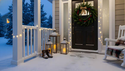 Snowy Front Porch with Holiday Decorations