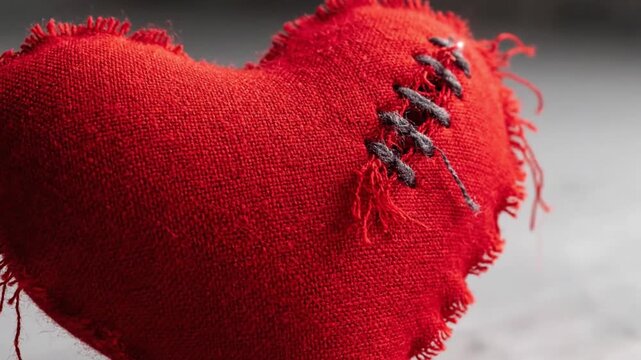 Textured red fabric heart, mended with black stitches, symbolic of healing
