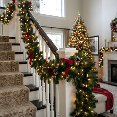 Festive Christmas Garland on Staircase Banister
