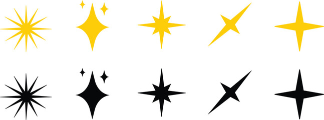 Sparkle Starburst Icon Set Shining Light Effect Symbol Collection Featuring Radiant Twinkle, Glow, Shine, Sparkling Star Group in Flat Style for Decorative Graphic Vector Elements