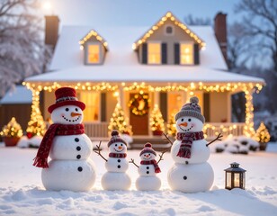 Obraz premium Snowmen family by house