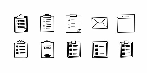 Hand-Drawn Set of Business and Office Icons Clipboards, Checklists, Documents, and Mail Symbols for Task Management and Organization and Productivity