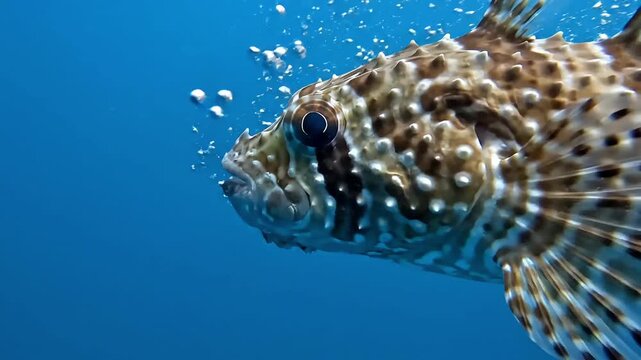 Spiky porcupinefish swims against vibrant deep blue ocean water in stunning close up