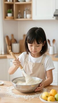 Young girl kneading dough in modern kitchen. Child mixing flour and ingredients with wooden rolling pin in metal bowl. Camera panning and tilting through cooking sequence.