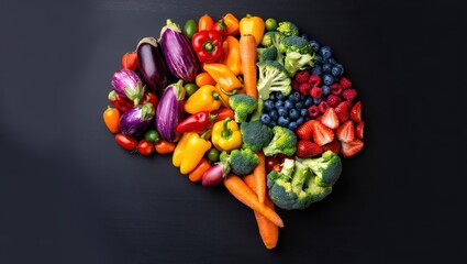 Healthy brain shape made of fresh colorful fruits and vegetables