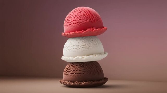 A delightful trio of ice cream scoops, stacked in a perfect tower, showcasing rich chocolate, creamy vanilla, and vibrant strawberry flavors against a soft, gradient background