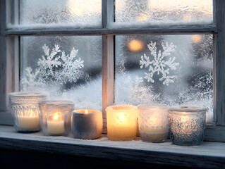 Cozy winter scene with lit candles on windowsill frosty snowflakes outside cold season peaceful ambiance warm lighting