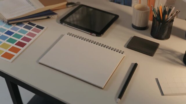 A highangle shot of a designers desk with a blank sketchbook a tablet and color swatches.