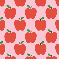 Bright seamless pattern with red apples and green leaves on a soft pink background. Fresh fruit design perfect for packaging, textile, education and kids themes.
