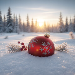 Festive Red Ornament Snow Forest Sunset