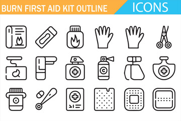 Burn first aid kit outline icon set, medical emergency treatment, healthcare supplies and safety equipment thin line symbols collection isolated on white background