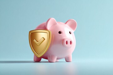 3d cartoon pink piggy bank stands upright with golden shield next to it. shield has a check mark symbol. setup represents savings, security and financial planning concepts