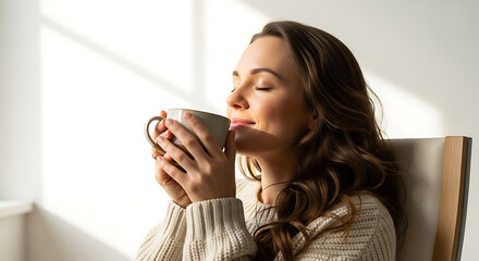 Serene young woman enjoys warm beverage in cozy knitted sweater bathed in bright morning sunlight