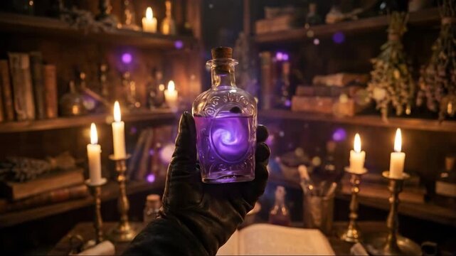 Mysterious potion held in a gloved hand, magical glow