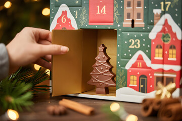 Hand opening advent calendar window revealing chocolate tree