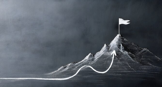 Hand drawing a curved path on a mountain top, showing a person's determination to achieve success and reach their goals