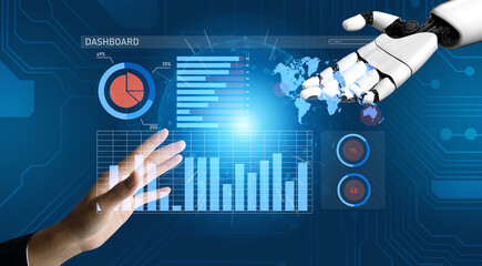 A futuristic scene depicting a human hand reaching out to connect with a robotic arm amidst vibrant data visualizations and digital information. Impute