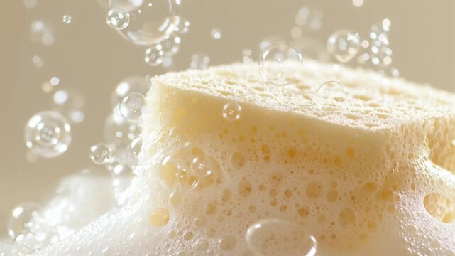 Yellow sponge covered in white soap foam with bubbles floating in the air. Hygiene and washing concept in slow motion