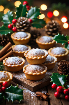 Mini mince pies dusted with sugar, on wooden table with cinnamon sticks and pine cones, Christmas style